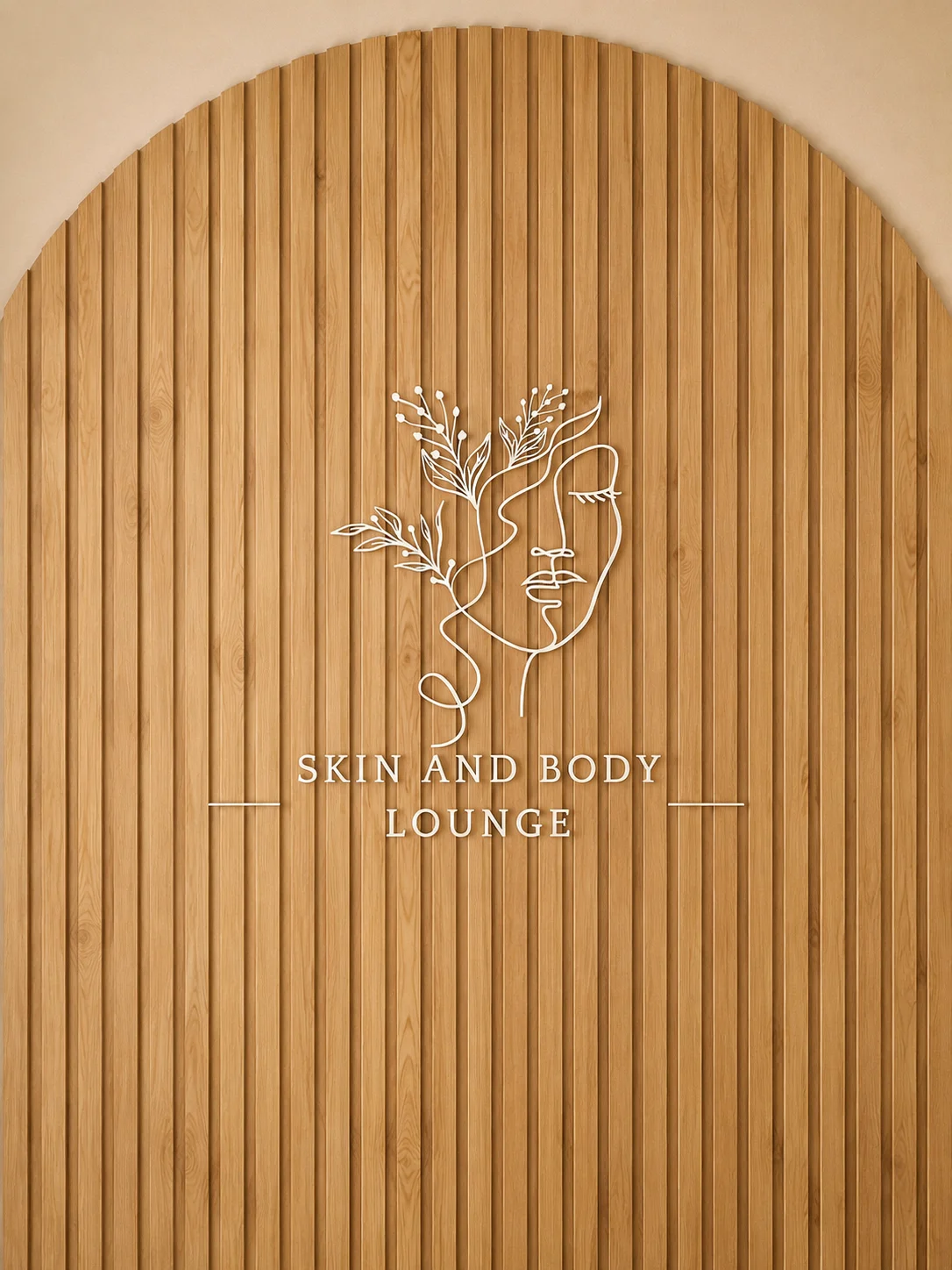 The Skin & Body Lounge logo on a wood-slat feature wall